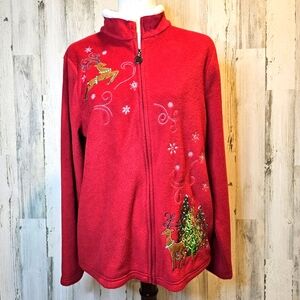 Breckenridge Women's Large Red Fleece Christmas Jacket Sherpa Collar Embroidered